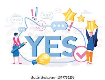 Business man and woman say yes. Vector illustration for web banner, infographics, mobile. Speech balloon with YES answer choice. protesting with Yes signs. Person approve, to vote positively.