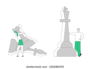 Business Man and Woman Self Confident Opponents Playing Strategic Game Chess Moving Huge Pieces on Board. Thinking Planning Tactics and Strategic Concept. Cartoon Flat Vector Illustration, Line Art