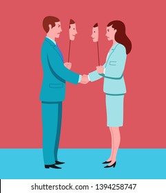 Business man and woman shaking hands pretend to agree and hide mutual hostility. Conceptual illustration representing insincerity in workplace