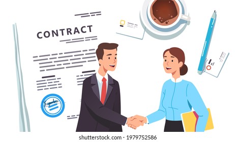 Business man, woman shaking hands reaching agreement on contract document. Businessman person partners meeting closing deal. Partnership success and handshake concept flat vector illustration