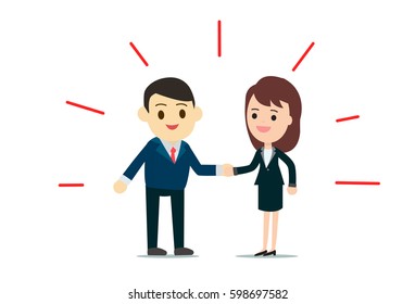 Business man and business woman shaking hands with abstract red line around them,Business contact concept vector illustration