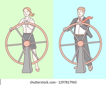 Business man & woman at ship steering wheel. Executive businessman steering company ship. Leadership & management concept. Business people choosing right direction. Flat line vector illustration
