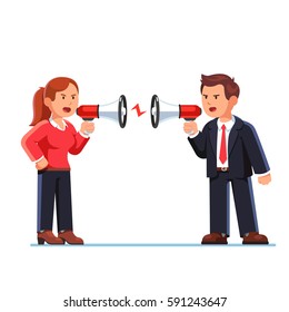 Business man and woman shouting at each other through megaphone and arguing. Work conflict between colleagues opponents or office workers. Fight for leadership. Flat style modern vector illustration.