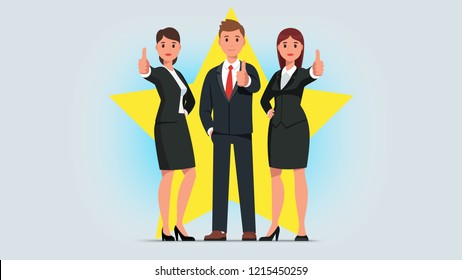 Business man & woman showing thumb up gesture. Successful business people characters standing gesturing businessman showing positive feedback. Flat isolated vector illustration