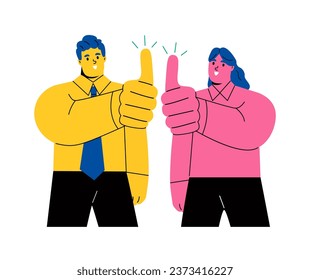 Business man and business woman showing thumbs up give. Flat vector illustration isolated on white background 
