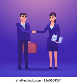 Business man and woman shows handshake. Gender equality in business. Colorful design vector illustration