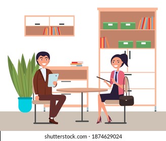 Business man and woman sit at the table, work together, interviews, negotiations, colleagues at the meeting. Smiling partners wearing formally discuss cooperation, manager made a good deal with client