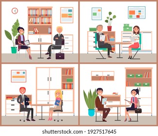 Business man and woman sit at the table, work together, interviews, negotiations, meetig set of four scenes. Smiling colleagues wearing formally sitting a table with tablet pc, made a good deal