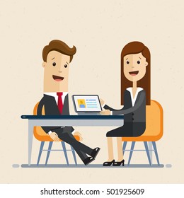 Business man and woman sit at the table, work together, interviews, negotiations, meeting. Vector, illustration, flat