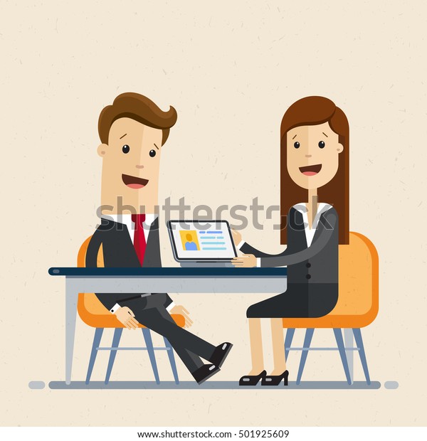 実業家と女性が座り 一緒に仕事をし 面接 交渉 会議をする ベクター画像 イラスト フラット のベクター画像素材 ロイヤリティフリー