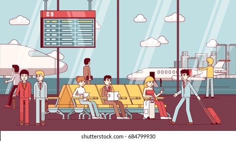 Business man and woman sitting in airport arrival waiting room or departure lounge with chairs. Terminal hall with big window airfield view on airplanes. Flat style thin line vector illustration.