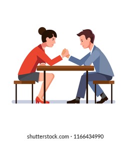 Business man and woman sitting and arm wrestling at desk. Business rivals competing. Office worker gender competition and confrontation concept. Flat vector illustration isolated on white