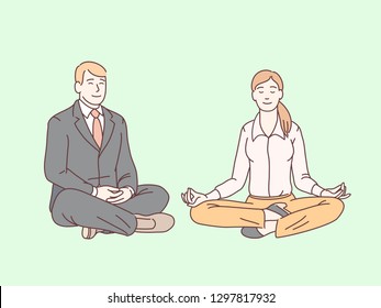 Geschäftsmann und Frau, die in Lotus sitzen, stellen eine meditative Achtsamkeitsmeditation dar. aufmerksam 