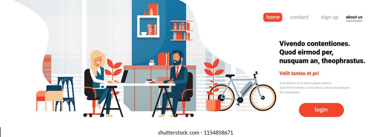 Business man woman sitting office desk modern coworking space working together interior background male female cartoon character horizontal banner flat vector illustration