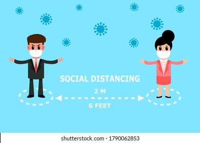 Business man and woman stand apart from each other. Spacing between people to stop the coronavirus pandemic. Social distancing concept. Vector illustration.