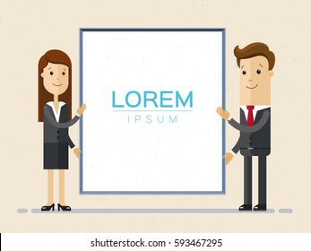 Business man and woman stand near presentation display board.  Presentation concept, seminar, training, conference. Business  strategy and finance. Vector, illustration, flat.