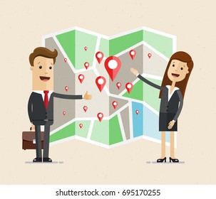 Business man and woman stand near the map with geo tags and point out location. Business navigator.  Vector, Illustration, Flat