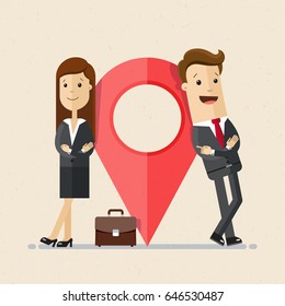 Business man and woman stand next to large map pointer. New office location. Relocation. Vector, illustration, flat