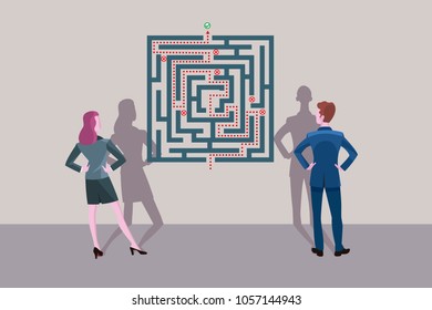 Business man and business woman standing in front of a labyrinth plane. They are looking for the solution of the problem.