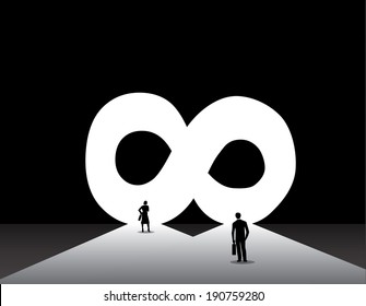 Business Man & Woman Standing Front Of Infinite Infinity Door.  Nicely Dressed Business Man And Woman Silhouette Stand Thinking At The Entrance Of A Bright White Limitless Infinite Symbol Opening