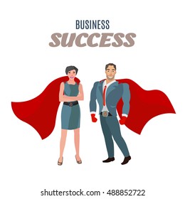 Business man and business woman standing like superheroes, vector business illustration