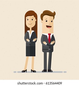 Business man and woman standing next to each other, and folded their arms on their chests. Vector, illustration, flat