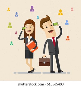 Business man and woman standing next to each other, and talking by phone. Vector, illustration, flat