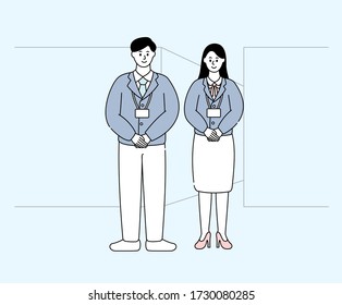 business man and woman standing in polite position, illustration set. courtesy, straight, attitude, gentleness. Vector drawing. Hand drawn style.