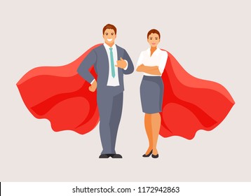 Business man and woman standing in superhero cloaks. Vector illustration