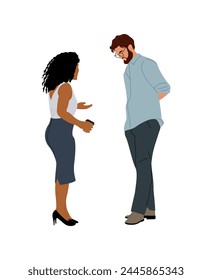 Business man and woman standing together, talking.