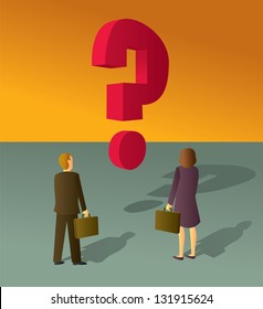 A business man and woman staring at a large floating question mark.