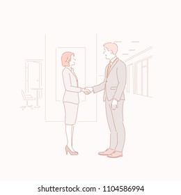 A business man and woman in a suit are shaking hands at the office. drawn style vector doodle design illustrations. A business man and woman in a suit are shaking hands at the office. drawn style vector doodle design illustrations.