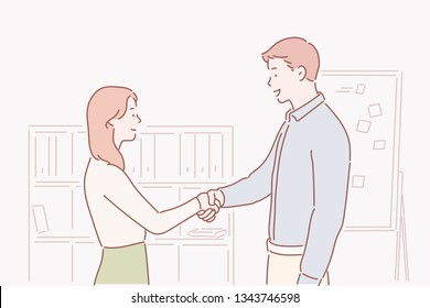 A business man and woman in a suit are shaking hands at the office. Hand drawn style vector design illustrations.