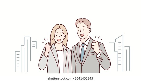 Business Man and Woman in Suits with Fist Pump. Hand drawn style vector design illustrations.