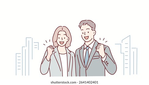 Business Man and Woman in Suits with Fist Pump. Hand drawn style vector design illustrations.