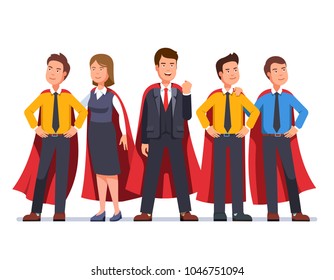 Business man and woman super dream team in red capes. Five determined business man hero persons group with a team leader. Standing entrepreneurs ready to act. Flat character vector illustration