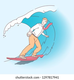 Business man & woman surfing on surfboards. Successful executive business people riding surf boards catching ocean waves. Effective management challenge concept flat linear vector illustration