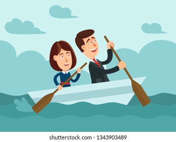 Business man and woman swimming on the boat in ocean. Teamwork, go for the goal. Business vector illustration, flat cartoon style.