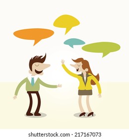 Business man and woman talking converstion.Vintage cartoon business vector design.