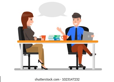 Business Man And Woman Talking Discussing, Businesspeople Chat Sitting in office Communication. business cartoon character concept Vector Illustration.