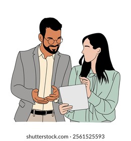 Business man and woman talking, discussing, working with digital tablet. Vector sketch style colored outline drawing isolated on white background. 