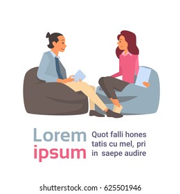 Business Man And Woman Talking Discussing, Businesspeople Chat Sitting Communication Flat Vector Illustration