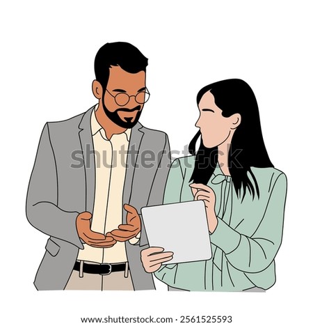 Business man and woman talking, discussing, working with digital tablet. Vector sketch style colored outline drawing isolated on white background. 