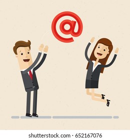 Business man and woman throw each other an e-mail sign like playing with ball. Concept of corporate mail, forwarding of letters. Vector, illustration, flat