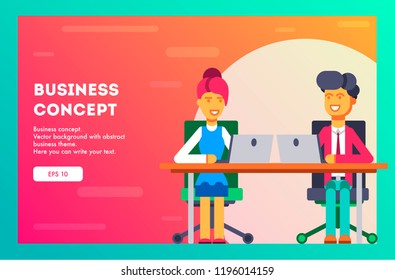 Business man and woman. Two characters are sitting at the table with computers. Vector, Illustration, Flat.