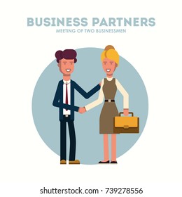 Business man and woman. Two persons are shaking hands, businessman, partners. 
Greets a new employee. Vector, illustration, flat