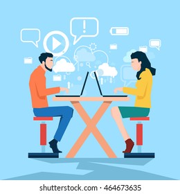 Business Man Woman Using Laptop Computer Coworking Center Flat Vector Illustration