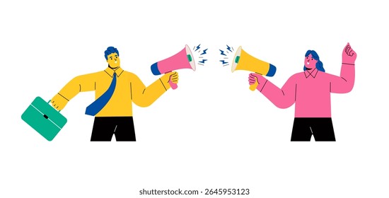 Business man and business woman using megaphones to express their views. Flat vector illustration isolated on white background


