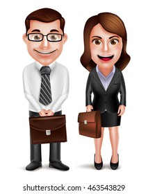 Business man and woman vector characters holding briefcase wearing formal corporate dress isolated in white background. Vector illustration.
