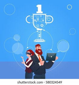 Business Man And Woman Wear Digital Reality Glasses Cup First Place Success Winner Flat Vector Illustration
